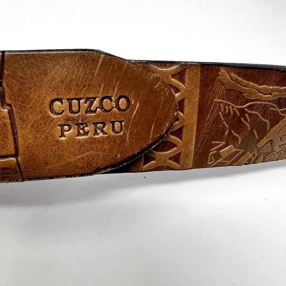 Vintage Grunts Peru Leather Belt Cuzco Tooled Carved Llama Western 40/100